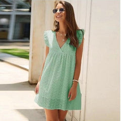 Summer V-neck Cotton Short Skirt Solid Color Dress