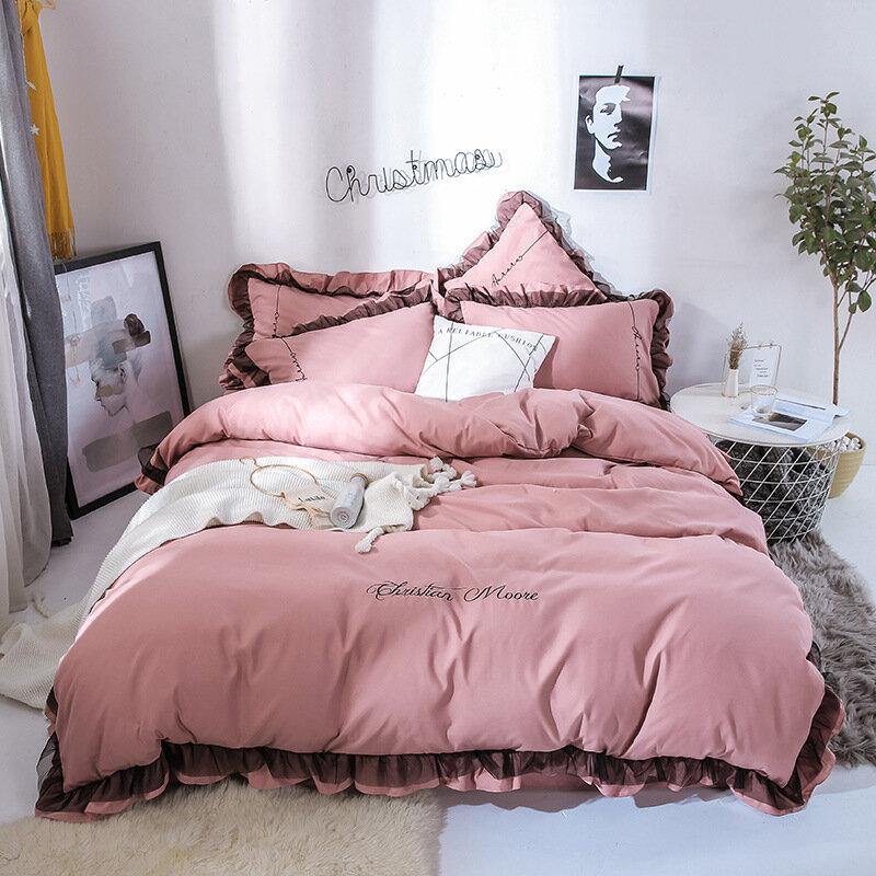 4PCS Solid Color Embroidery Lace Purfle Bedding Set Soft-smooth Duvet Cover Sheet Pillowcases King /Queen Size