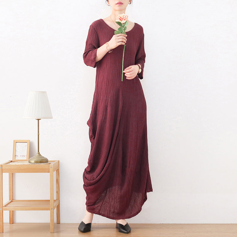 Early Autumn Irregular Retro Linen Pleated Dress