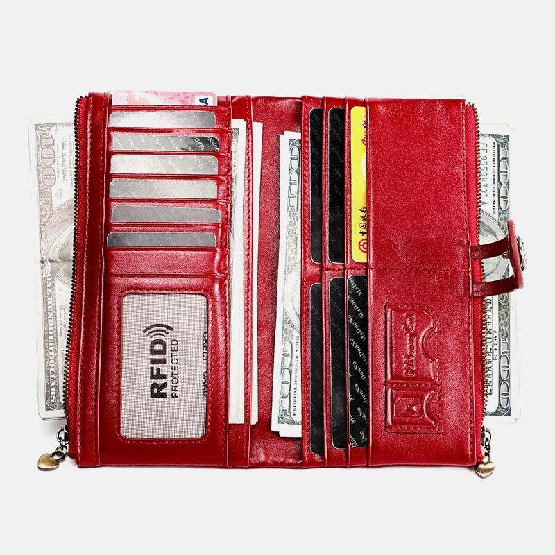 Women Genuine Leather Rfid Antimagnetic Multi-slots 14 Card Slots Zipper Bifold Long Wallet