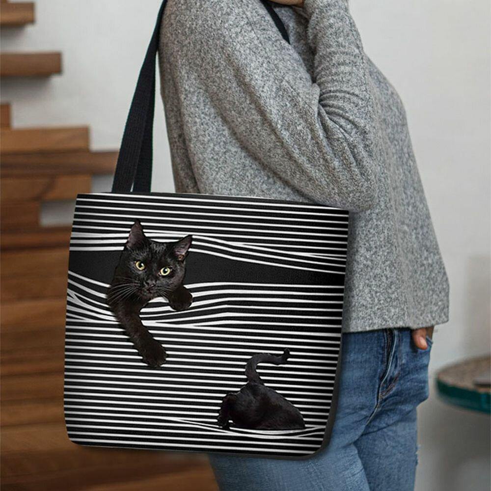 Las mujeres sintieron lindo 3D tridimensional gato negro rayas patrón bolso de hombro bolso de mano 