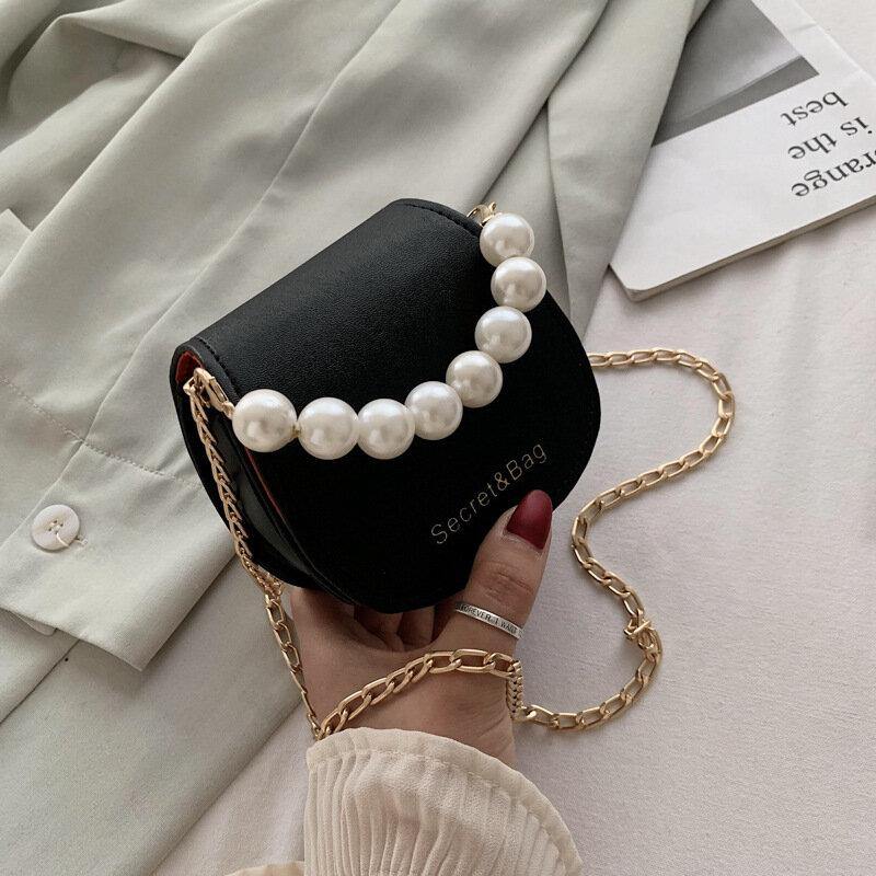 Bolso bandolera con cadena de perlas de cuero PU para mujer 