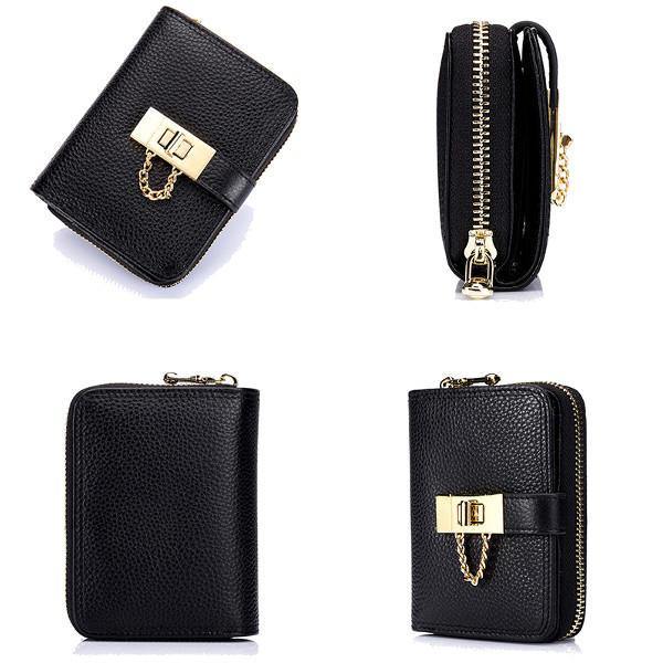 Women Genuine Leather Zipper Card Holder Chain Lock Short Purse Wallets