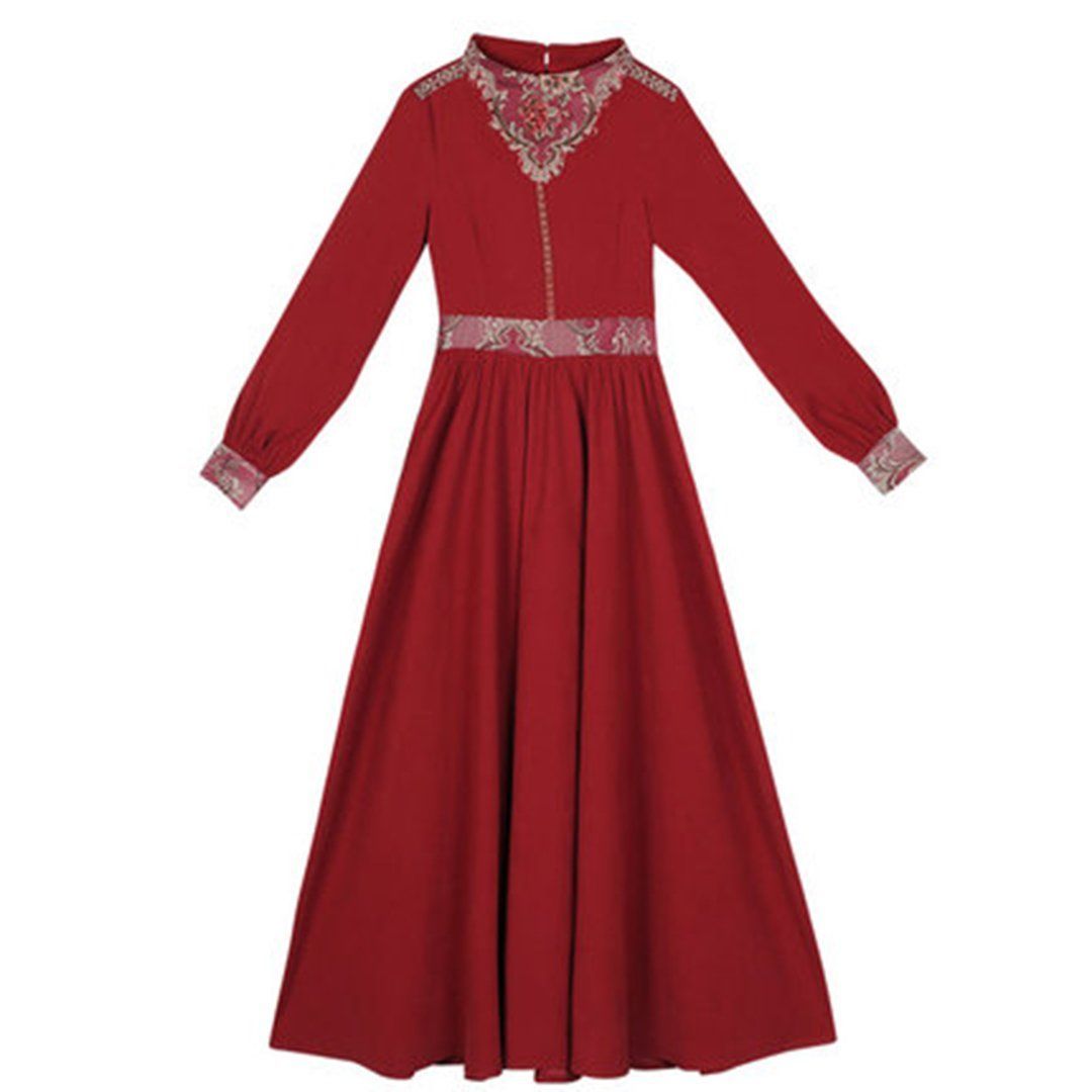 Embroidery Ethnic Style A-Line Gathered Waist Dress M-5XL