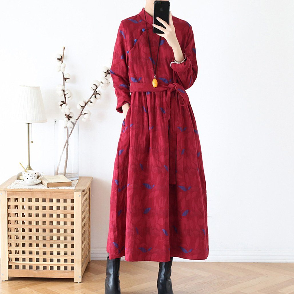 Ethnic Plate Buckle Cotton Linen Women Winter Dress