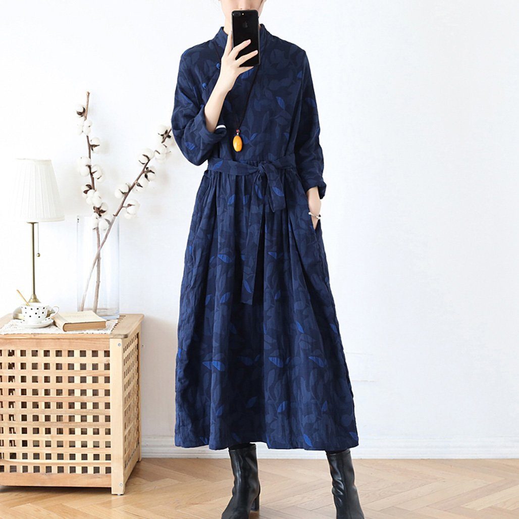 Ethnic Plate Buckle Cotton Linen Women Winter Dress