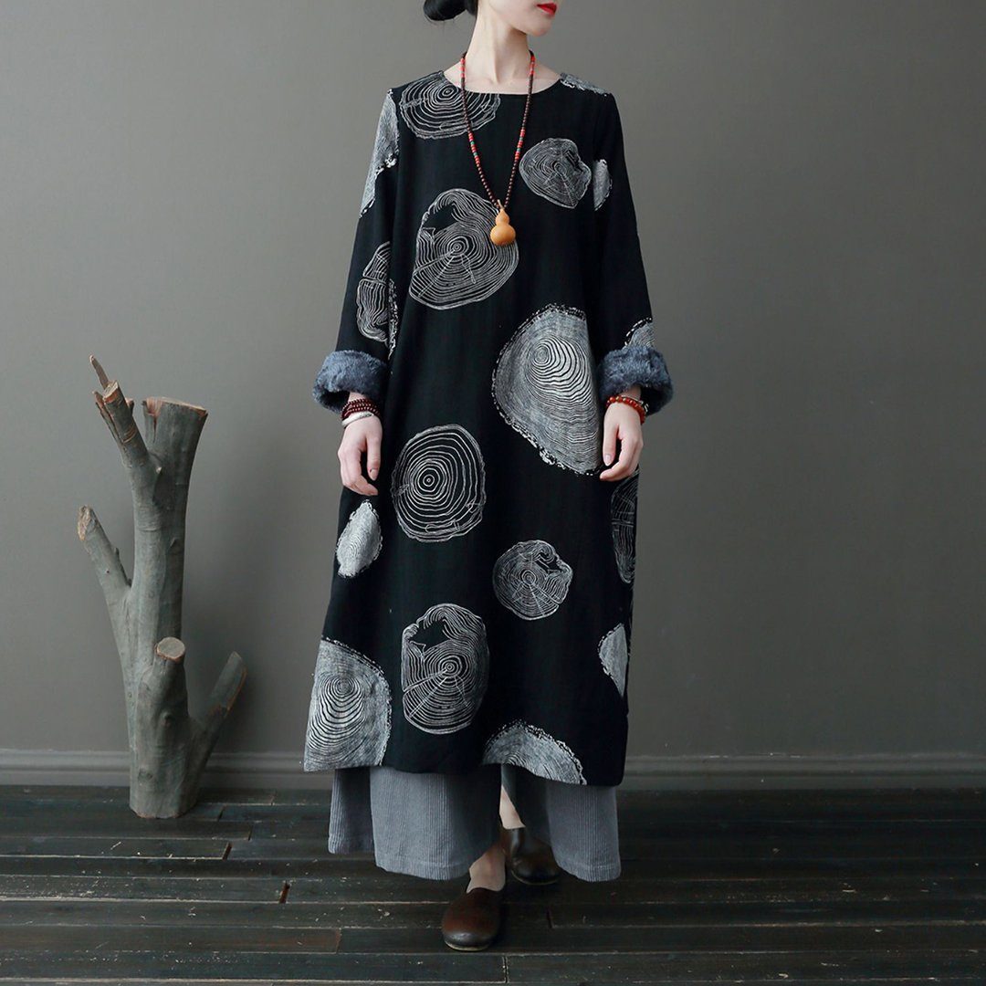 Ethnic Style Crew Neck Fleece Dress