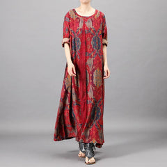 Ethnic Style Printed Loose Maxi Long Sleeve Dress