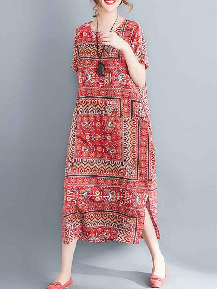 Ethnic Women Printing Cotton Vintage Dress