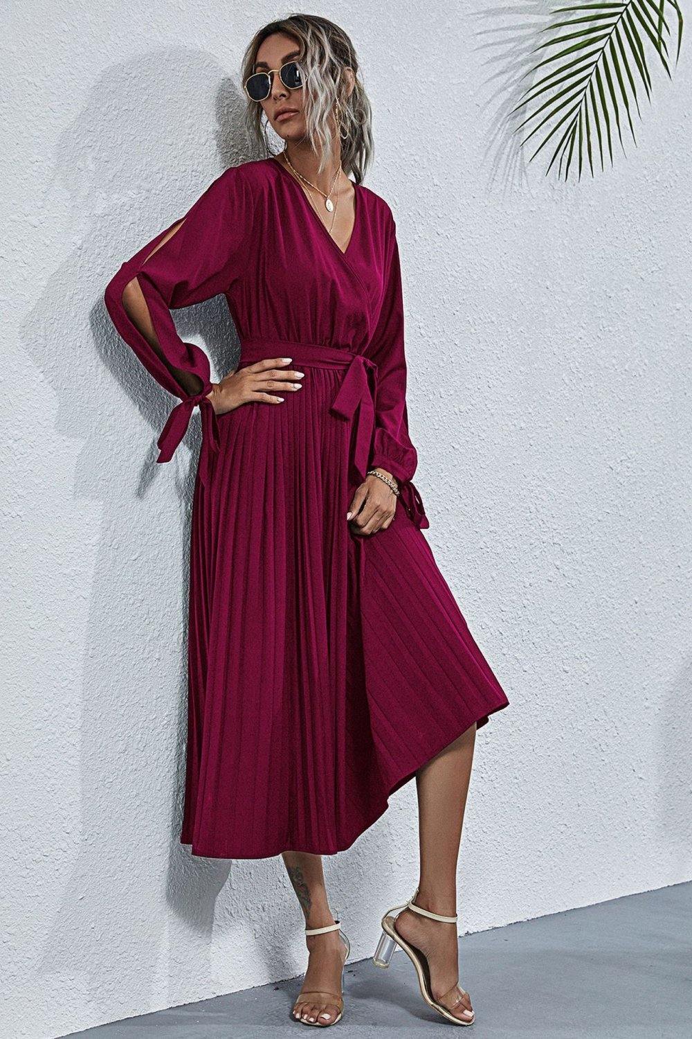 Split Sleeve Belt Pleated Dress