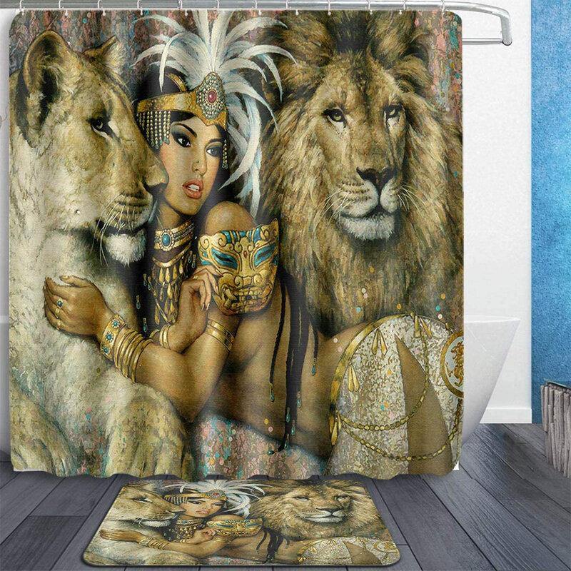 African Woman Egypt Queen and Lion Waterproof Bathroom Set Shower Curtain Bath Mats Floor Doormat Rugs