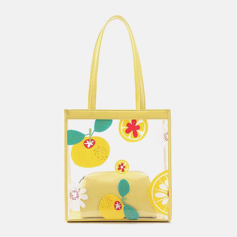 Women 2Pcs Waterproof Transparent Print Fruit PVC Multi-Carry Handbag Tote