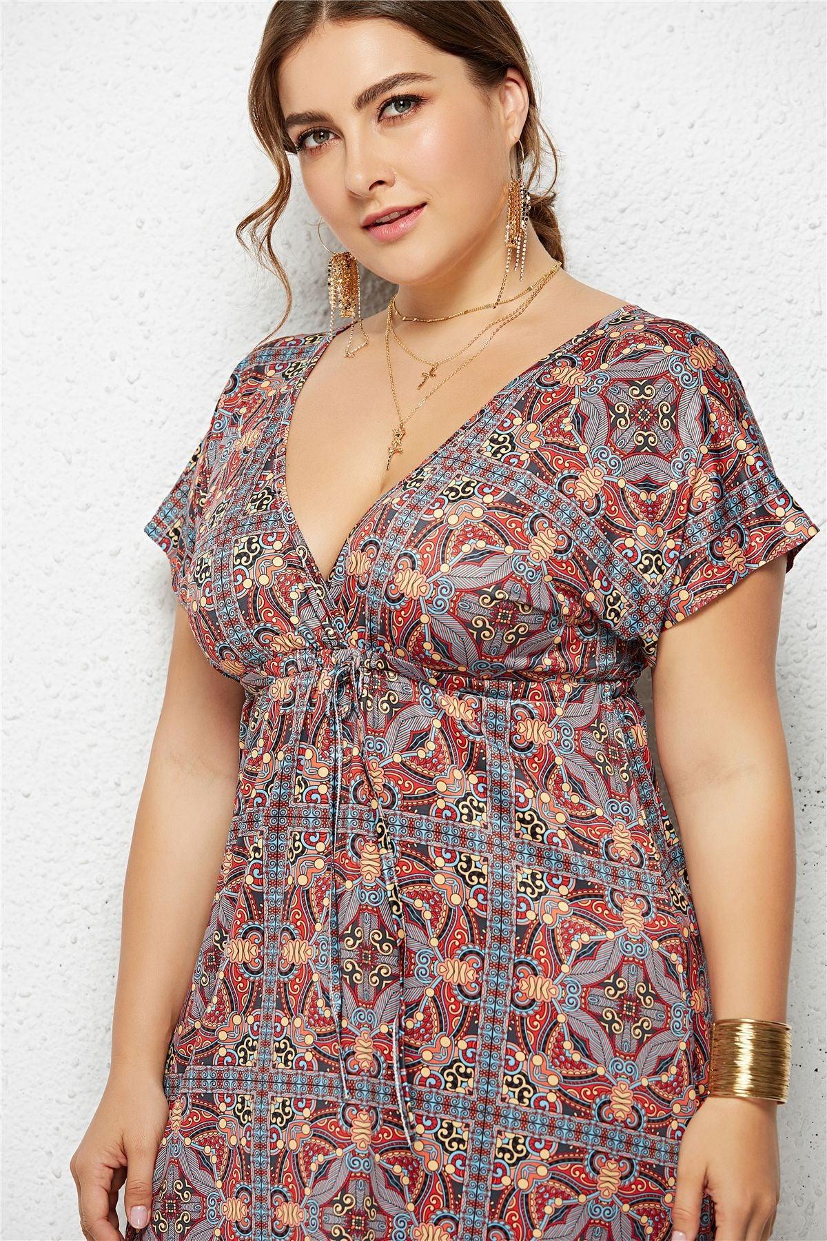 Printed Plunge Plus Size Dress