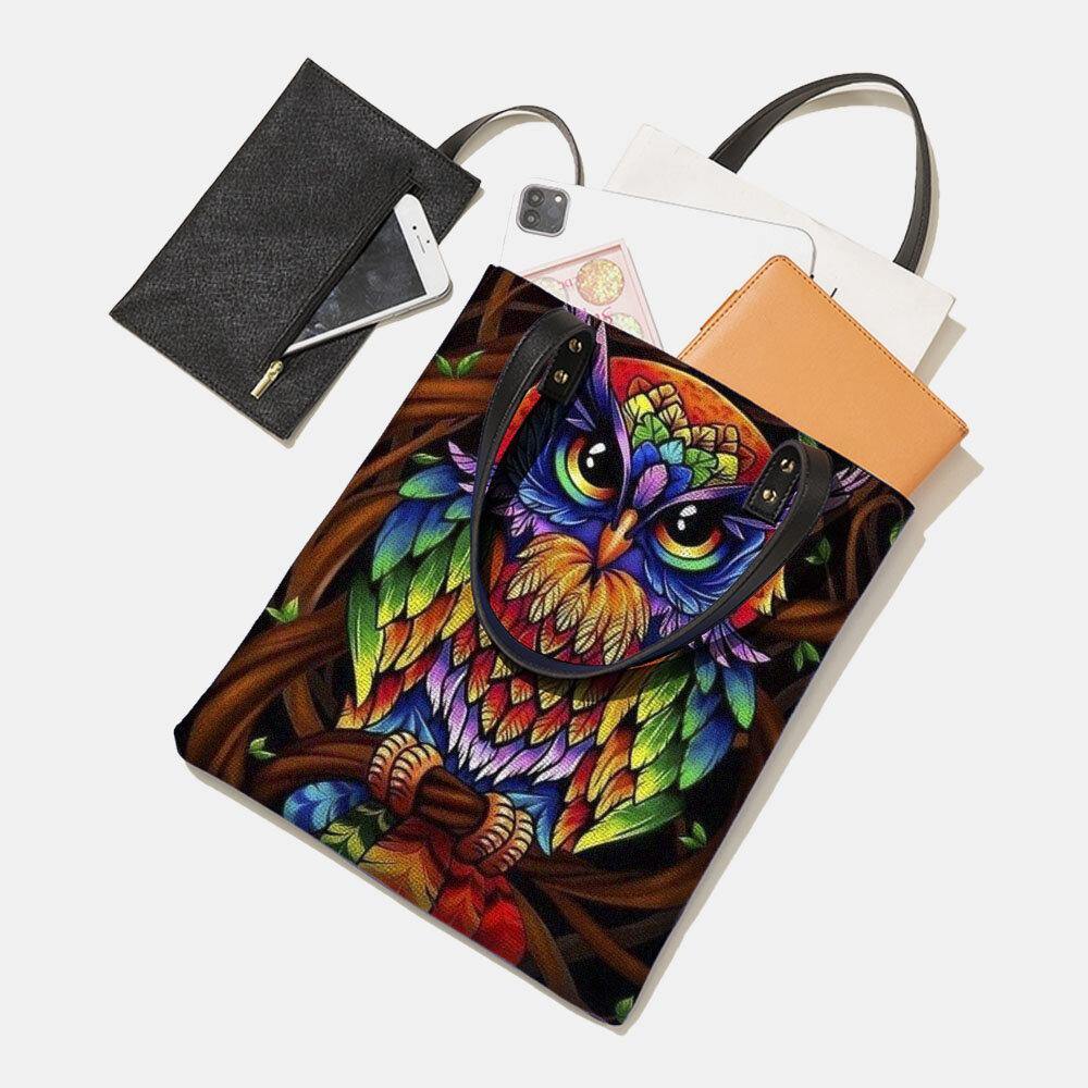 Color Owl Print Pattern Leather Tote Bag Sticker Shoulder Bag Handbag Tote With Built-in Small Bag