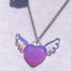 Pretty Pink Angel Heart with Wings Necklace Glass Gift