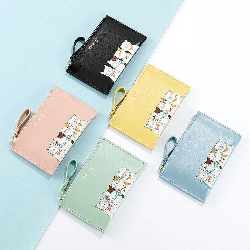 Women Faux Leather Cute Cartoon Cats Printing Ultra-thin Card Case Coin Bag Wallet