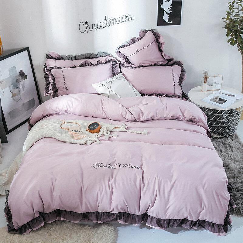 4PCS Solid Color Embroidery Lace Purfle Bedding Set Soft-smooth Duvet Cover Sheet Pillowcases King /Queen Size