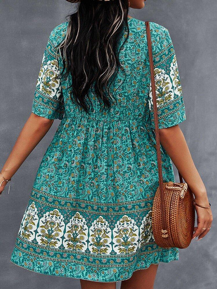 Bohemia Floral Ethnic V-neck Button Short Sleeve Print Dress