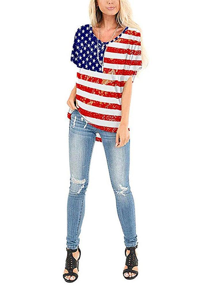 American Flag Star Print Independence Day Crew Neck Women Casual T-shirts For Women