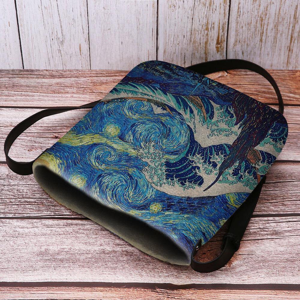 Women Felt Sea Wave Starry Sky Pattern Oil Painting Style Prints Crossbody Bag Shoulder Bag