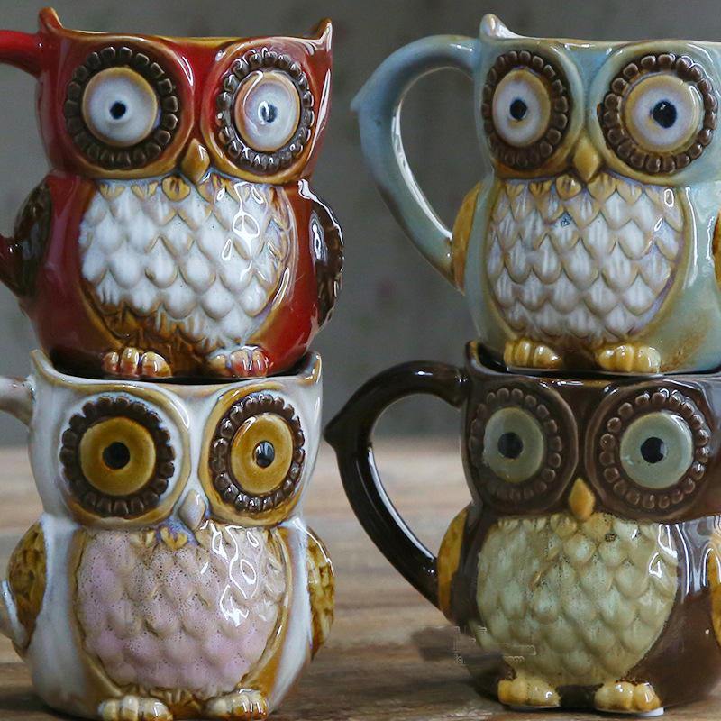 Creative Colorful Ceramic Crafts Owl Shaped Cup Drinking Water Cup Ceramic Cup