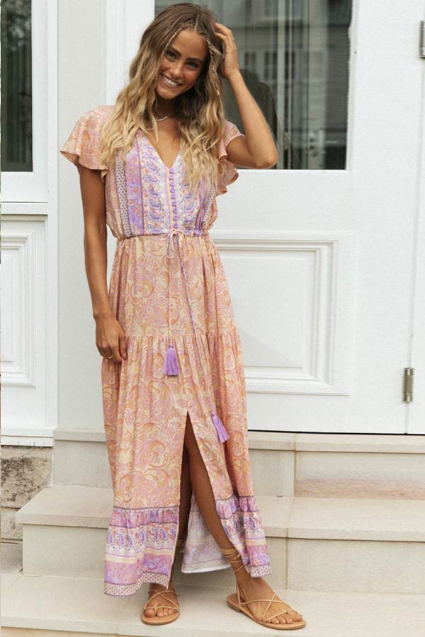 Einreihiges Maxikleid im modischen Bohemian-Stil 