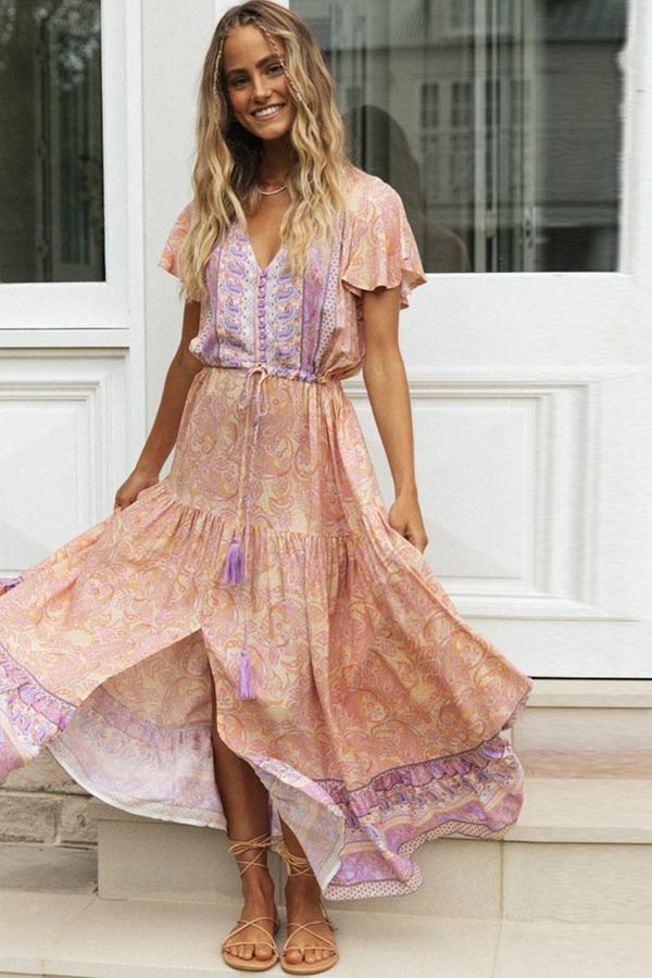 Einreihiges Maxikleid im modischen Bohemian-Stil 