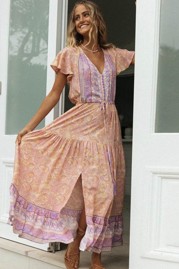 Einreihiges Maxikleid im modischen Bohemian-Stil 