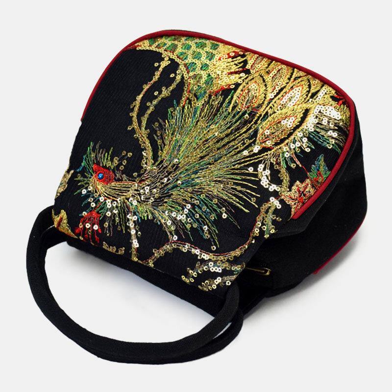 Women Canvas Ethnic Style Embroidery Peacock Pattern Casual Elegant Mini Ladies Handbag