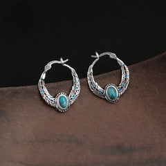 Blue 925 Silver Vintage Ethnic Style Feather Enamel Turquoise Earring Literature Tibetan Earrings