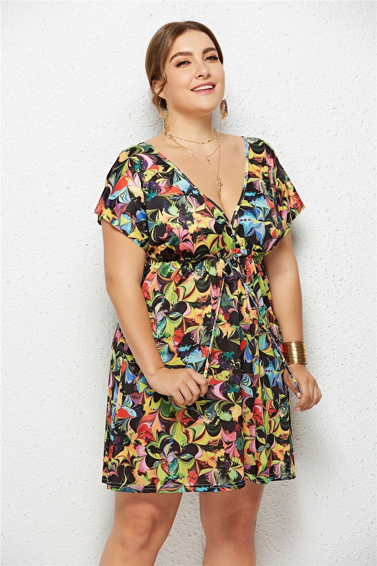 Printed Plunge Plus Size Dress