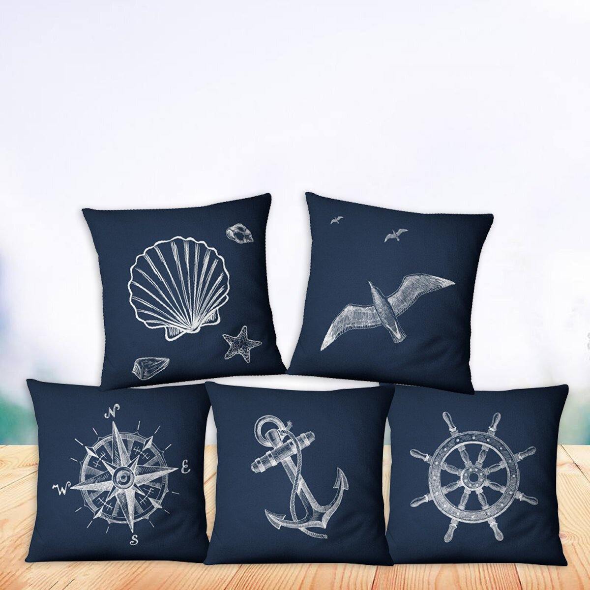 Blue Compass Nautical Marine Style Linen Pillow Case Mediterranean Sofa Cushion Cover Home Textile