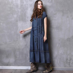 Gathered Loose Solid Short Sleeve Dress With Belt