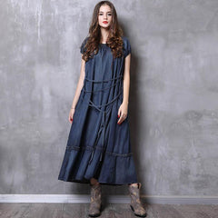 Gathered Loose Solid Short Sleeve Dress With Belt