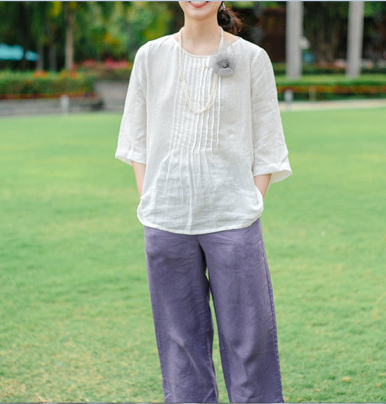 Pleated Long Sleeve Women Linen Tops 61707