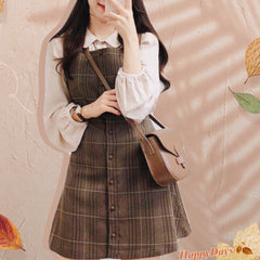 Cute Plaid Vintage Pinafore Mini Dress 2 Pieces