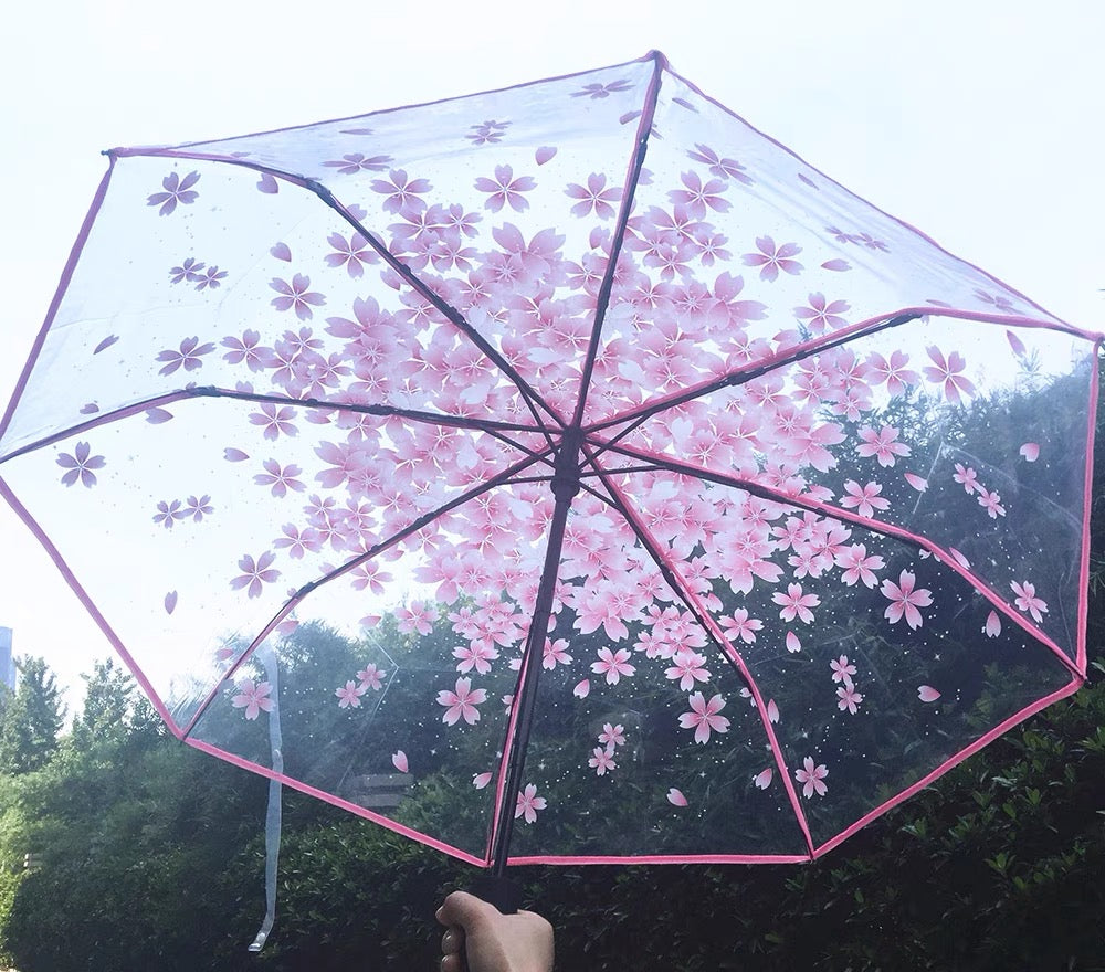 Three Fold Umbrella Transparent Clear Cherry Blossom Mushroom Sakura Folding Sunshade Rain Umbrellas