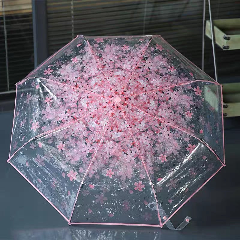 Three Fold Umbrella Transparent Clear Cherry Blossom Mushroom Sakura Folding Sunshade Rain Umbrellas