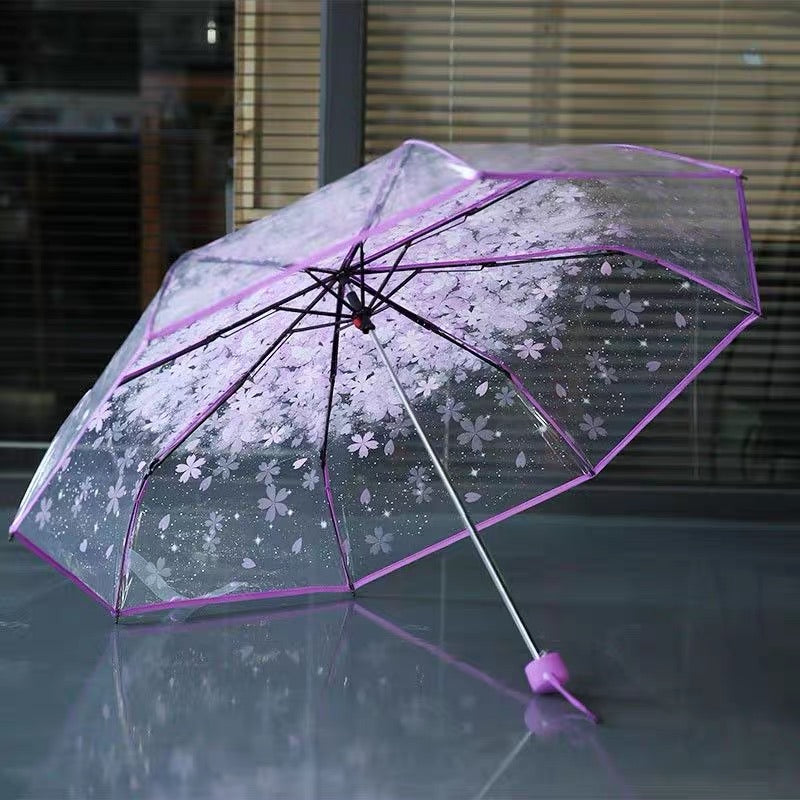 Three Fold Umbrella Transparent Clear Cherry Blossom Mushroom Sakura Folding Sunshade Rain Umbrellas