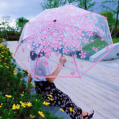 Three Fold Umbrella Transparent Clear Cherry Blossom Mushroom Sakura Folding Sunshade Rain Umbrellas