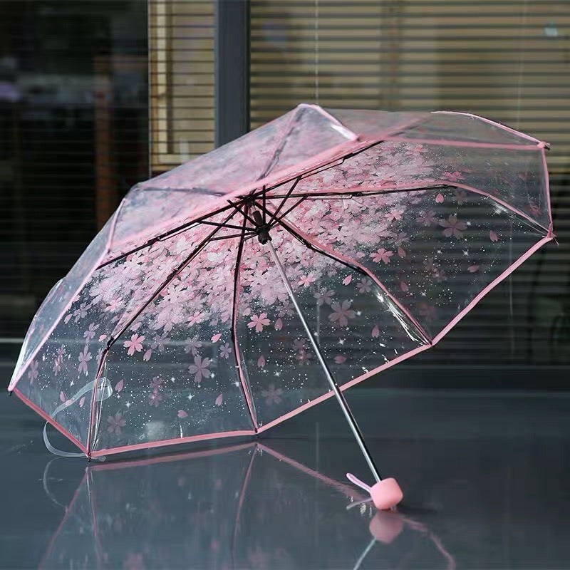 Three Fold Umbrella Transparent Clear Cherry Blossom Mushroom Sakura Folding Sunshade Rain Umbrellas