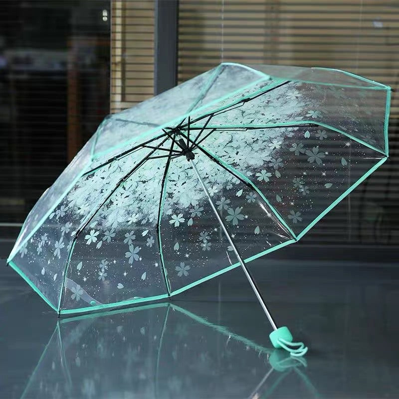 Three Fold Umbrella Transparent Clear Cherry Blossom Mushroom Sakura Folding Sunshade Rain Umbrellas