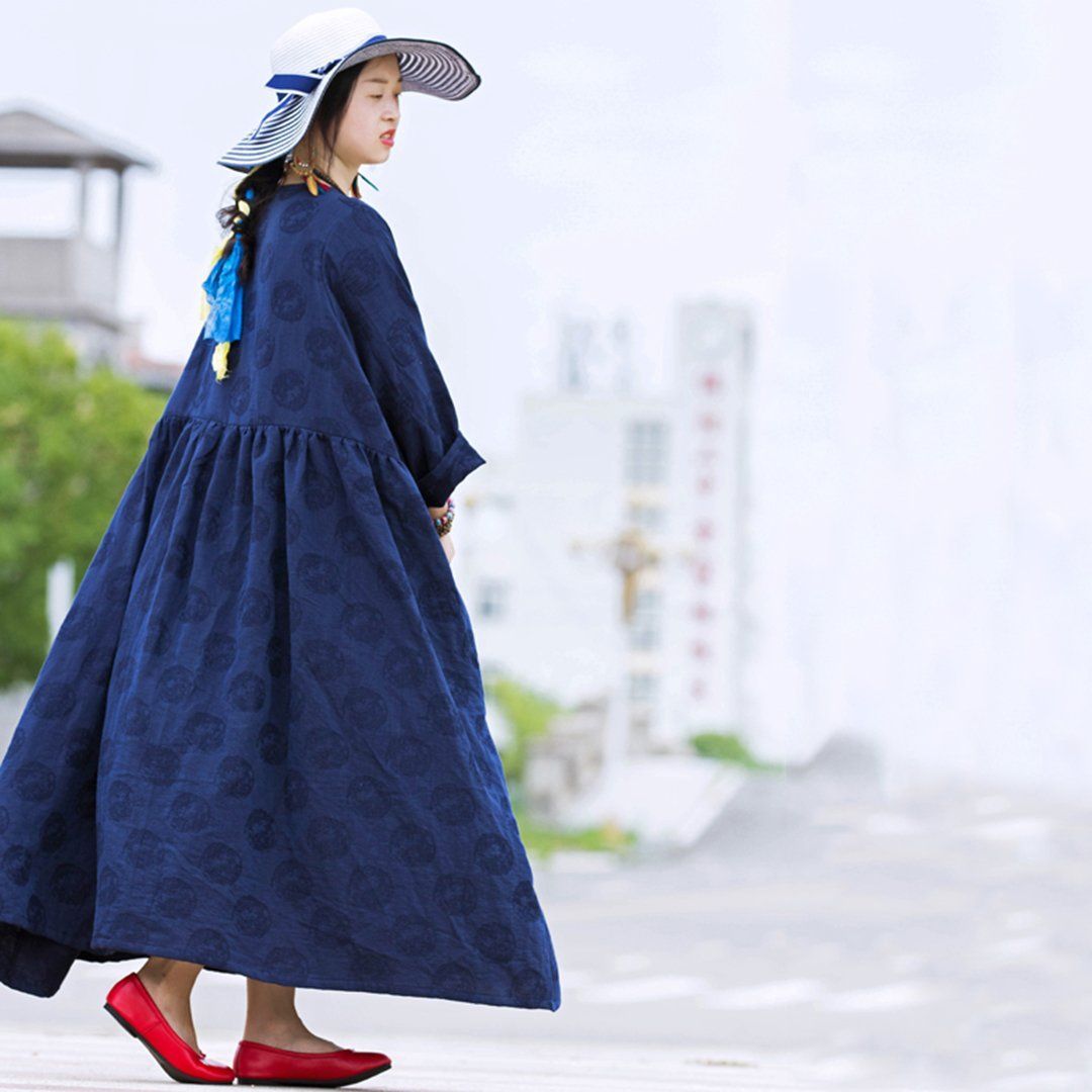 Jacquard V-Neck Oversized Ruched Dress - Navy Blue