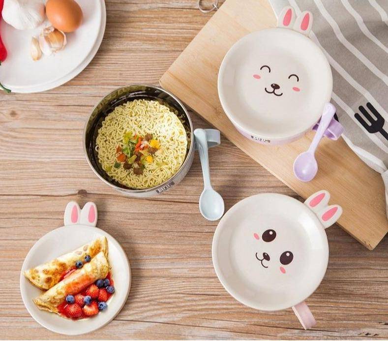 Cute Bunny Double-layer Bowl with Lid And Spoon