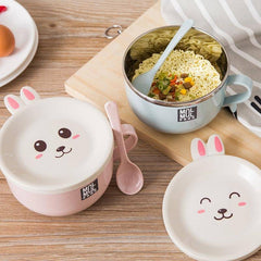 Cute Bunny Double-layer Bowl with Lid And Spoon