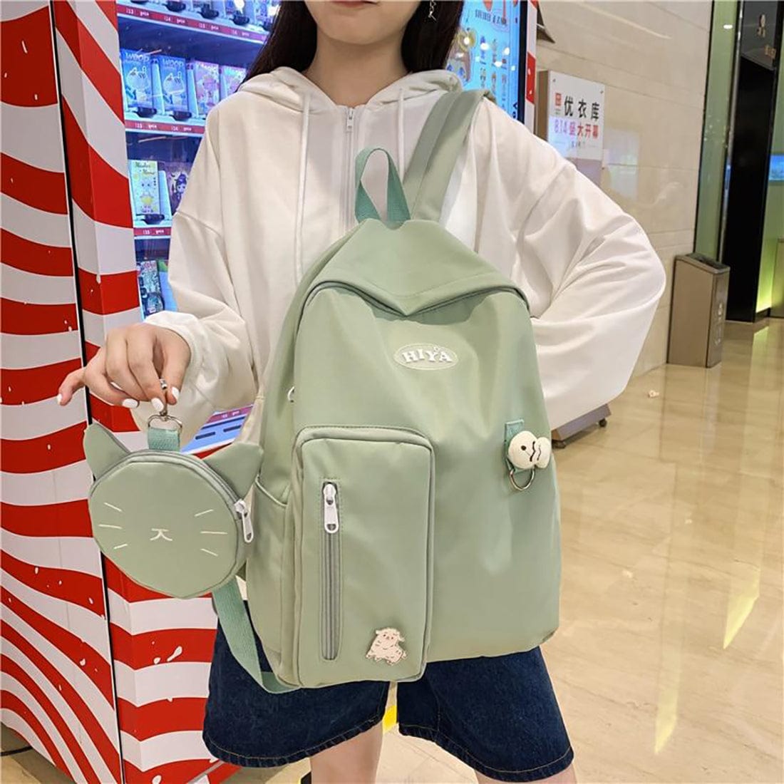 Kawaii Cat High Capacity Backpack With Purse