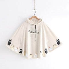 Kawaii Kittens Family Print Cloak Sleeve Cape Coat Hoodies