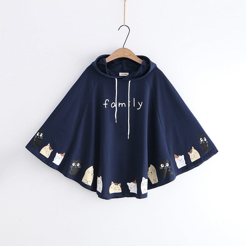 Kawaii Kittens Family Print Cloak Sleeve Cape Coat Hoodies