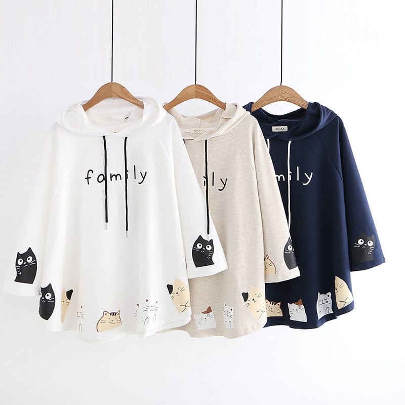 Kawaii Kittens Family Print Cloak Sleeve Cape Coat Hoodies