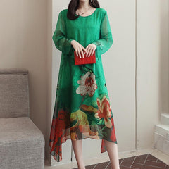 Ladies Fashion Floral Asymmetrical Midi Long Sleeve Dress